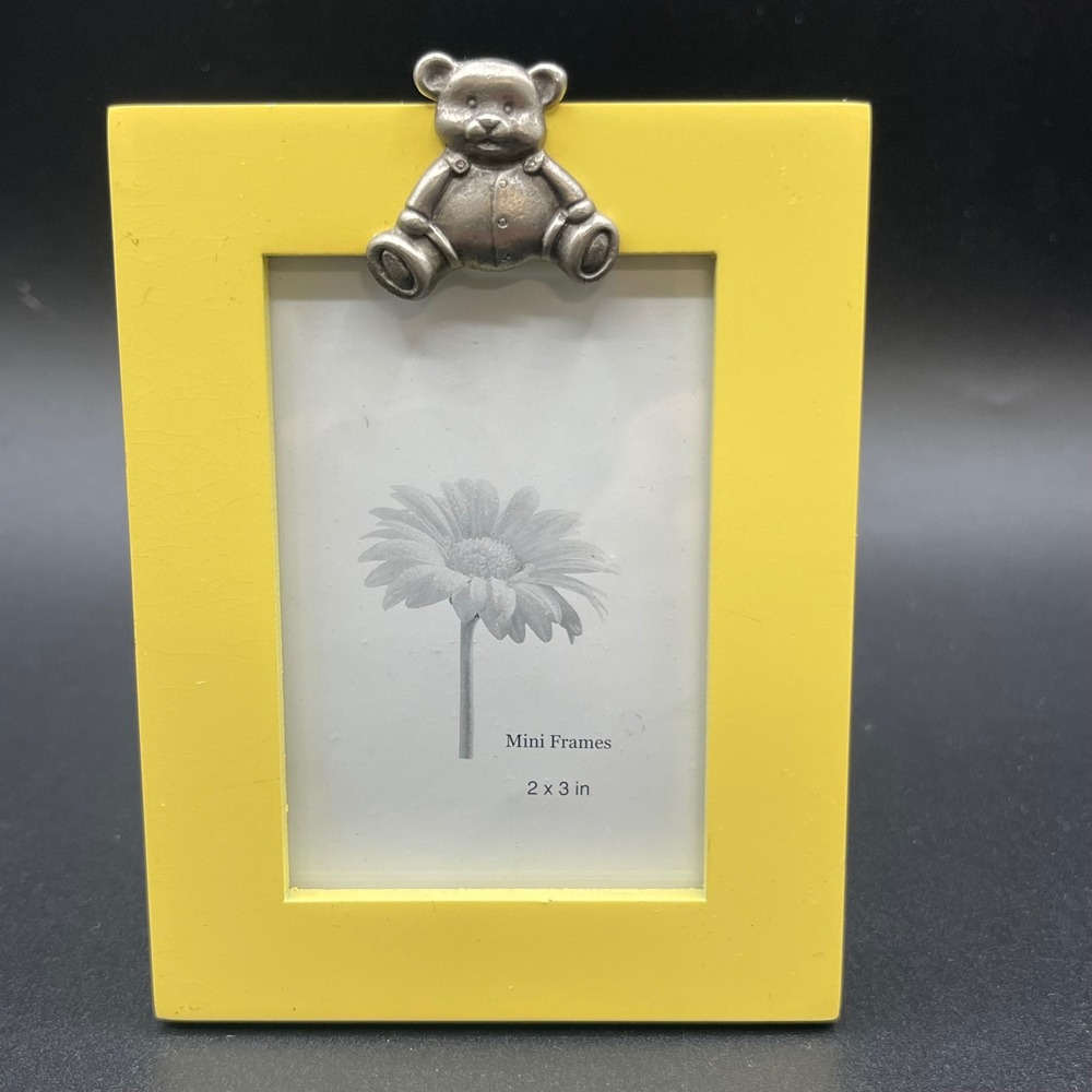 Baby Yellow Wood Mini Picture Frame with Teddy Bear Accent 2x3 Photo